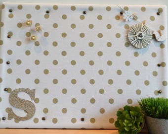 Personalized Cork Bulletin Board, White with Gold Dot Fabric Covered Cork Board with Push Pins, Pin Board and Wall Decor