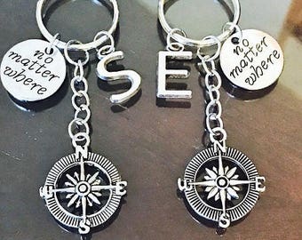 SALE - Set of 2 Compass Keychains, No matter where Friends keychain, Initial Keychain, BFF Keychains, Graduation gift. Christmas.
