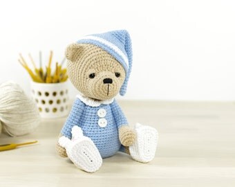 PATTERN: Sleepy Teddy Bear in Pajamas and Bunny Slippers - 4 way jointed - Amigurumi tutorial with photos (EN-047)
