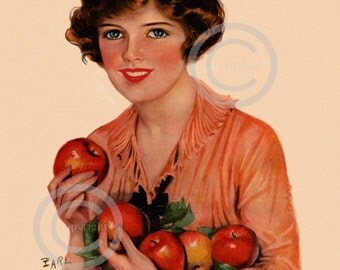 Art Deco Farm Charm Print, Earl Christy Flapper, Jazz age girl holding apples, Apple Picking Time, Wall Decor, Giclee Art, 11x14, 1921