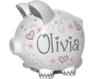 Elegant Hearts Personalized Piggy Bank | Hand-painted Ceramic | Large Size: 8"x7.5"x7" | Grey | Baby Pink | Gifts For Girls