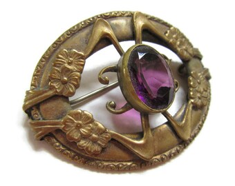 Brooch; Antique Brooch, Art Nouveau Amethyst Glass And Brass Pin Back Brooch, Art Nouveau Jewelry, Art Nouveau Brooch, 1890-1910