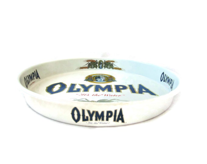 Vintage Olympia Beer Metal Tray / It's the Water 1981 Round Tray / Man Men Decor / Brewery Advertising / Beer Memorabilia