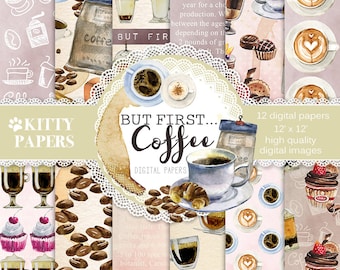 Coffee digital paper : "But First Coffee" watercolor coffee paper, watercolor digital background, coffee shop, planner supplies, printable