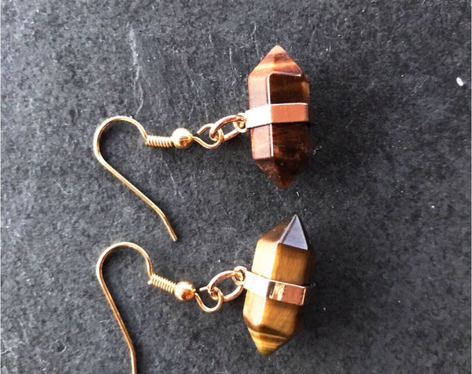 Tigers Eye Earrings, Gold Tiger Eye Drops, Tigers Eye Gemstones, horizontal tiger eye earrings, brown gemstone