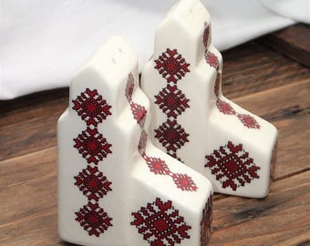 Vintage Salt and Pepper Shakers - Ukrainian, Vyshyvanka Design Salt Pepper Shakers - Red / White Salt & Pepper "PYSANKY" Season Shakers
