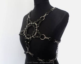Studded PU Leather and Chainmail Pentagram Harness Top - Stainless Steel - Gothic Chainmail Armour Clothing