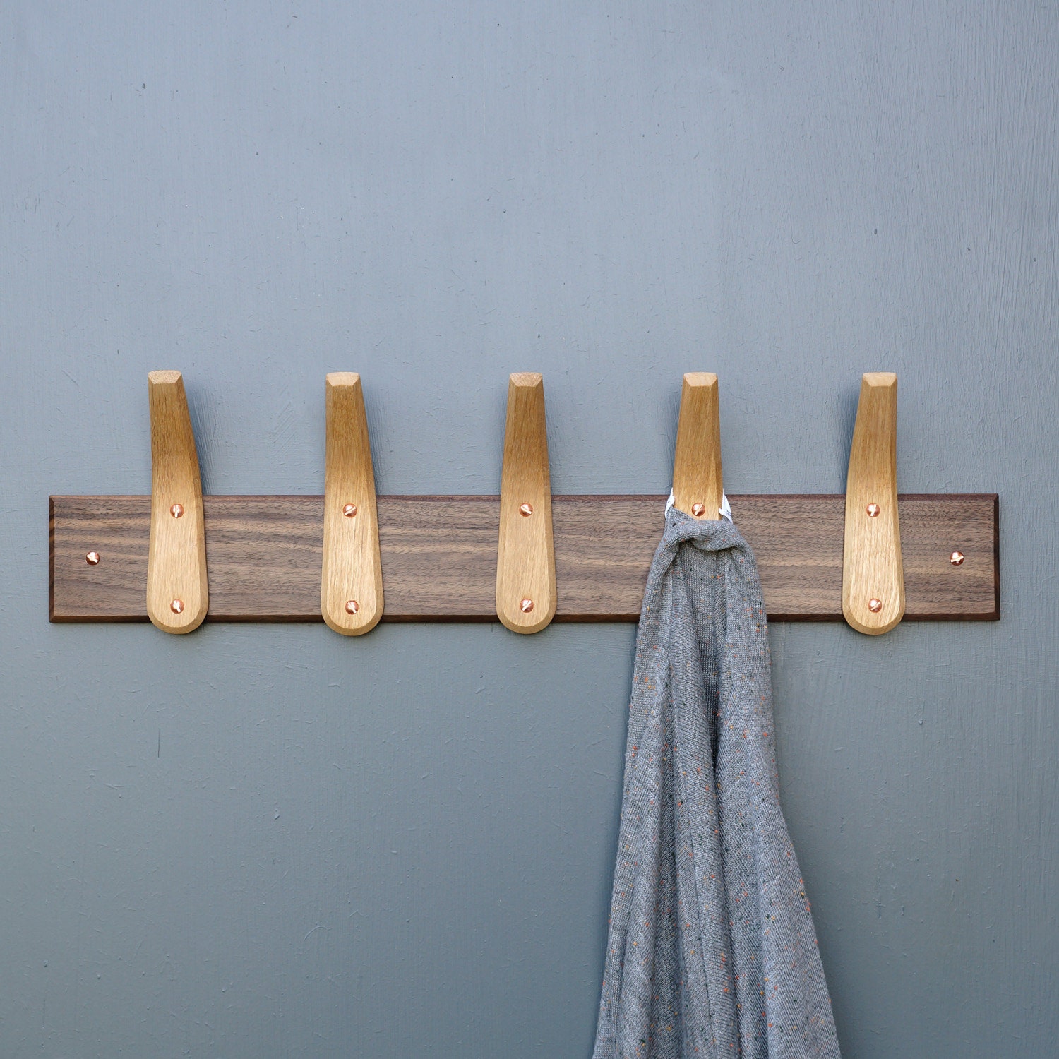 Wood Coat Rack Handmade English Oak Coat Hooks with Walnut