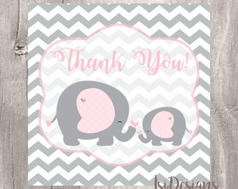 Printable Elephant Baby Shower Favor Tags, Pink and Grey, Elephant Baby Shower Thank You Tags, Instant Download, Printable Tags