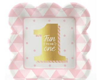 First Birthday Girl Gold Foil Print Dessert Plates - Fun to Be One Tableware - Pink Cake Plates - 1st Birthday Party Supplies - 8 ct