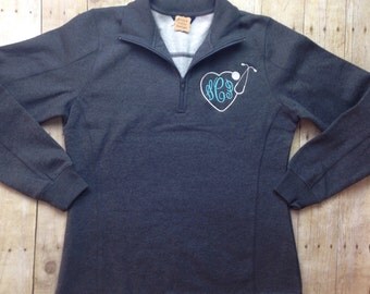 Stethoscope Frame Monogram Quarter Zip Pullover Sweatshirt Ladies Fit Style; Small-Xlarge, Black, Grey, Blue, Red, Monogrammed Quarter Zip;