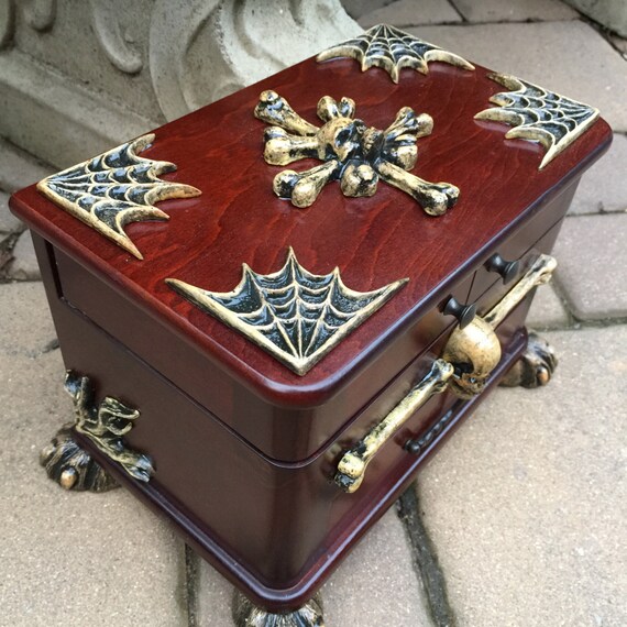 Mens jewelry box goth jewelry chest box with bones and webs