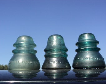 Antique Green Glass Insulators, Hemingray, W. Brookfield and Whitall Tatum Co. Collection of Three, Man Cave, Cottage Chic Decor USA