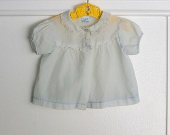 6 months: Sheer Blue Baby Top or Jacket, Sheer Textured Fabric, Peter Pan Collar,Lace Trim, by Little Craft