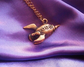 Spaceship Pendant, Steampunk, Rocket Ship, Copper, Necklace, Pewter