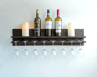 Rustic Wood Wine Rack Shelf & Hanging Glass Stemware Holder