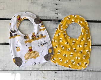Winnie the Pooh Baby Bibs, Gender Neutral Baby Bibs, Yellow and Gray Baby Bibs, Pooh and Bees Bibs, Minky Bibs,Baby Shower Gift
