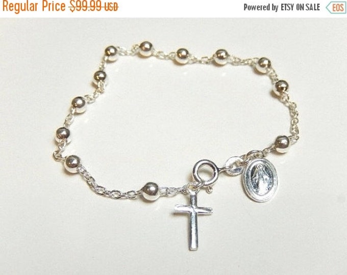 Storewide 25% Off SALE Vintage Sterling Silver Pearl Beaded Designer Link Bracelet Featuring Sterling Silver Cross Charm Accent