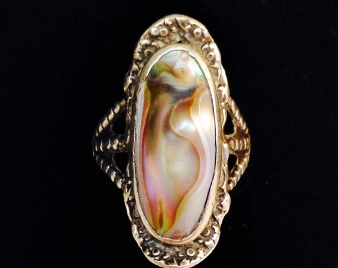 Storewide 25% Off SALE Vintage Sterling Silver Art Nouveau Abalone Designer Cocktail Ring Featuring Elongated Solitare Design