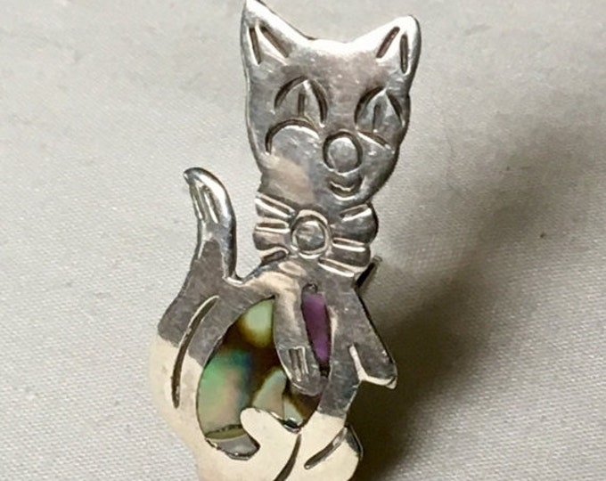 Storewide 25% Off SALE Vintage Sterling Silver Cat Brooch Pin With Abalone Inlay Design Featuring Beautiful Etched Details