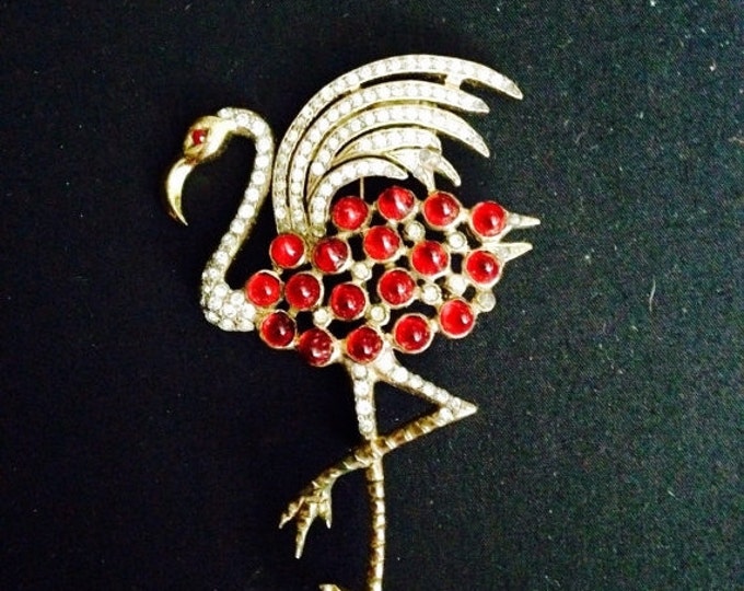Storewide 25% Off SALE Rare Vintage 1941 CHANEL Signed Oversized Gold Tone Flamingo Cocktail Brooch Featuring Ruby Gripoix Glass Stones & Rh