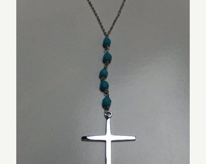 Storewide 25% Off SALE Vintage Sterling Silver Religious Cross Pendant With Chain Link Necklace Featuring Beautiful Blue Bead Design Accents