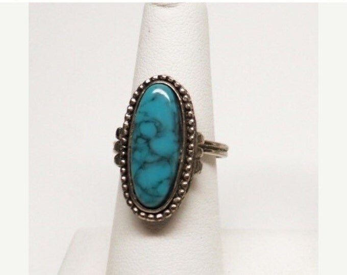 Storewide 25% Off SALE Vintage Silver Tone Faux Turquoise Large Elongated Adjustable Cocktail Ring Featuring Southwestern Blue Design With T