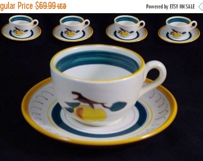 Storewide 25% Off SALE Wonderful Vintage Stangl Folk Art Peach Design Pottery Set of Five Tea Cups & Matching Saucers Stamped Stangl Pottery