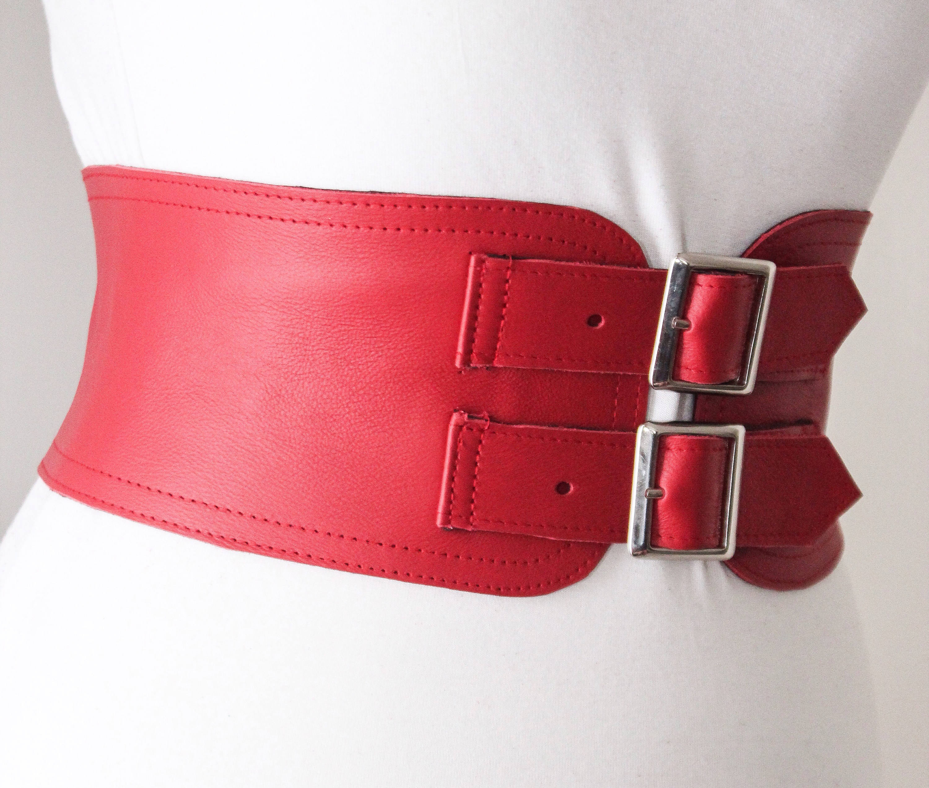 Red Corset Leather Two Gold Buckle Belt Red Corset Belt