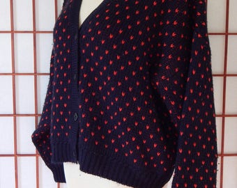 Vtg Heart Sweater Large Oversized Cropped Cardigan Black Red Sportif French (R6-65)