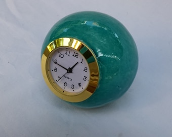 Small Desk clock, Ball shaped turquoise ceramic table clock, Turquoise Ceramic clock, Shelf clock, Vintage Retro style Clock, Ball clock,