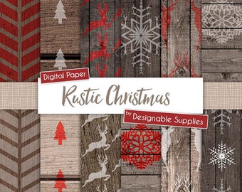 Digital Christmas paper in Rustic Red and White with wood background, 12x12, JPEG, 300DPI, Instant Download