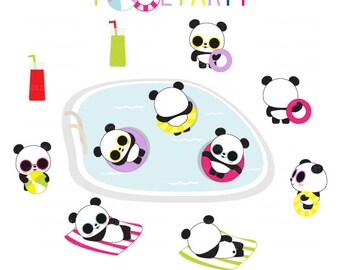 20% OFF POOL Party Clipart, Summer Party Clipart, Summer Clipart, Kawaii Panda, Cute Panda clipart, Panda Digital Stickers