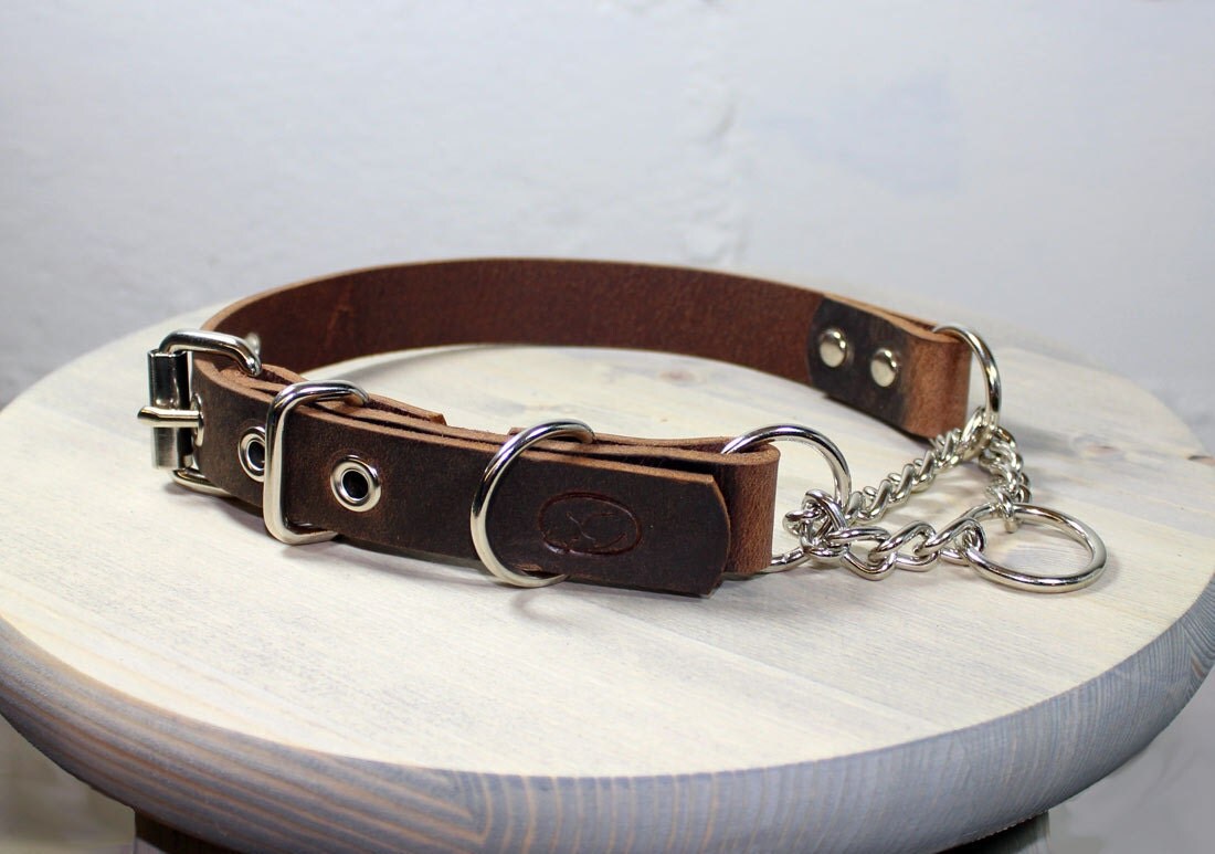 Heavy Duty Leather Adjustable Martingale Chain Dog Collar