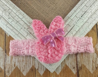 Bunny headband, pink bunny headband, pink bunny lace headband, Easter headband, Easter outfit, Spring headband, girls headband, Easter baby