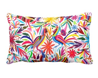Colorful Otomi Throw Pillow, Printed Bright Boho/Mexican Animal & Nature Print 13 x 21" OUTDOOR or INDOOR Pillows