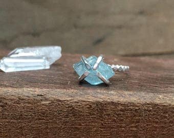 Raw Aquamarine Sterling Silver Ring | Raw Aquamarine Sterling Silver Stacker Ring