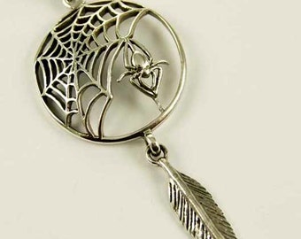 Sterling Silver Spider Web Spider Feather Pendant