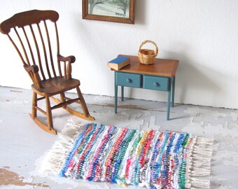 Farmhouse Country Rustic Miniature Doll House Rag Rug, Tiny House Artisan Handwoven Cottage Cabin Dollhouse Model Doll Collector Home Decor