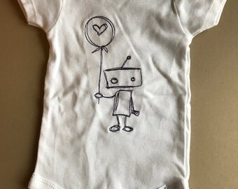 BABY ONESIE - Happy Robot - Gerber Onesie 3-6 mos. Custom Embroidered