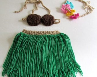 Hula dance grass skirt & coconut bra photo prop or Luau outfit with lei/headband-Newborn-3 months, 3-6 mos, 6-12 mos, 12-24 months, 2T-4T