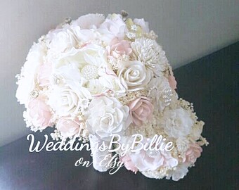 Blush Pink Ivory Brooch Sola Bouquet, Blush Wedding, Pale Pink Wedding, Alternative Bouquet, Shabby Chic, Bridal Accessories, Sola Flowers