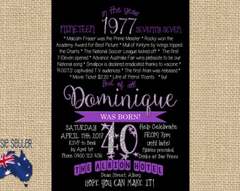 Printable 40th Birthday Invitation Purple - Milestone Birthday - Milestone Party - 1977 - Born in 1977 - Glitter Elegant - Surprise Party