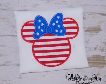 4th of July Minnie Mouse Applique Design, Machine Embroidery Design, Mickey Mouse, Birthday, Bow, Independence Day, 4x4, 5x7, 6x10, 9x9