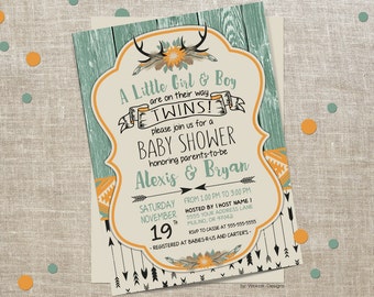 Twins Baby Shower Invitation, Twins Baby Shower, Twins Shower Invitation, Boho Baby Shower Invitation, Boho Twins Baby Shower Invitation