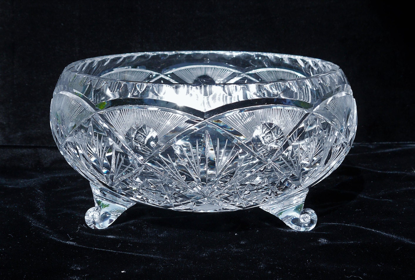 Vintage Heavy Lead Crystal Large Footed Bowl Hand Cut Star