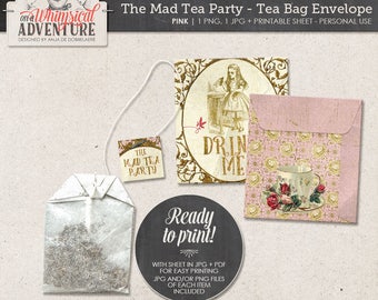 Alice In Wonderland printable tea bag envelopes, party printables, printable collage sheet vintage mad tea party digital download