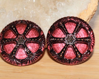 Czech 27mm Pressed Glass Button "Wheel" Shaped Pink Cherry Color 2.3mm Metal Shank
