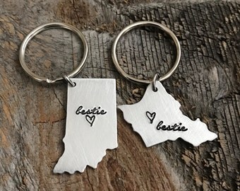 Best Friends Gift BFF Gift Best Friends Keychain Bestie Gift State Keychain Long distance relationship Long distance friendship going away