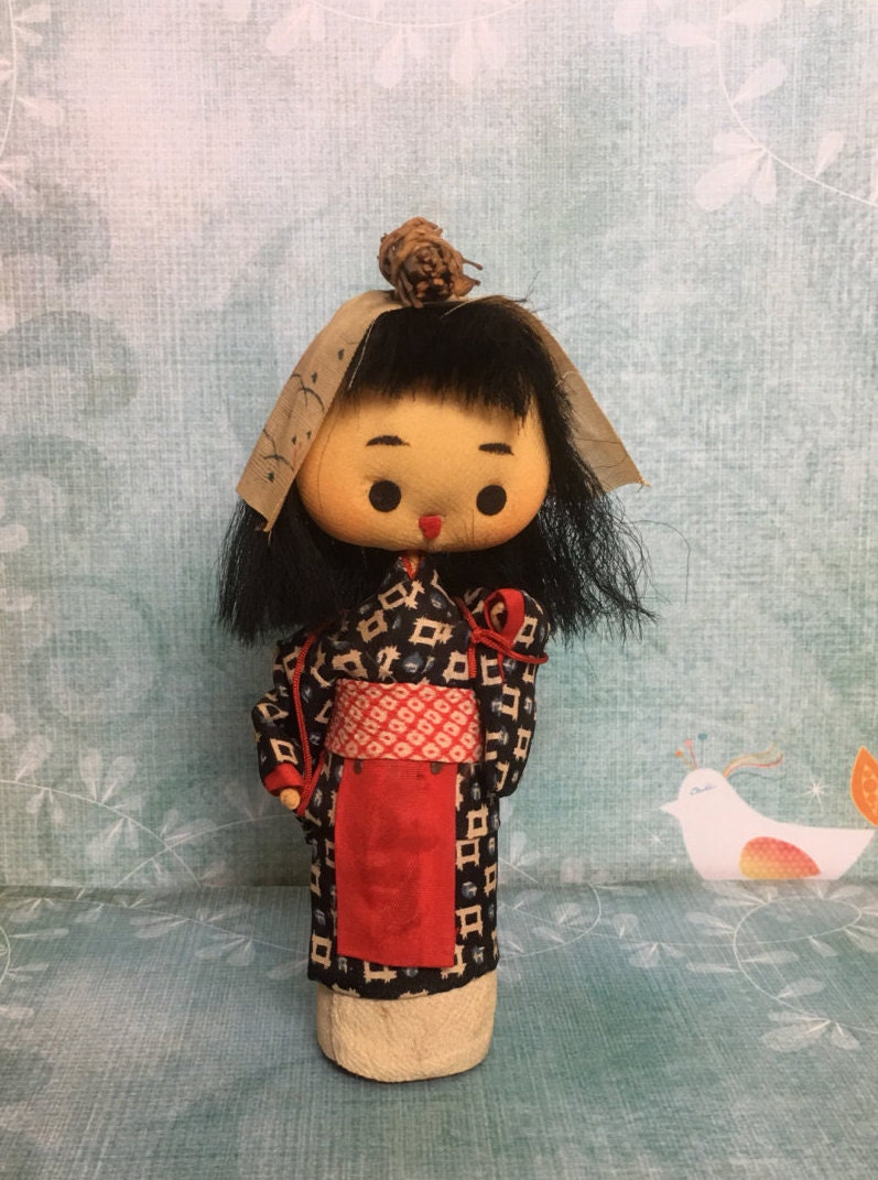 Japan Doll Cloth Face Fabric Kokeshi Kawaii Doll Navy Kimono